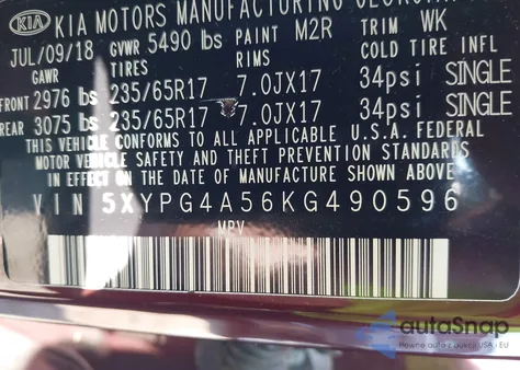 2019 Kia Sorento 3.3L Lx из США, поврежденный, VIN 5XYPG4A56KG490596